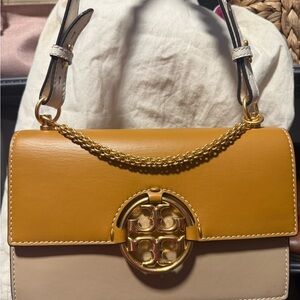 Tory Burch Gold and Tan Shoulder Bag with blue and brown braided strap